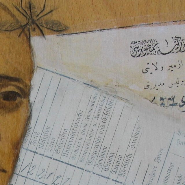 FRIEDRICH, 30 x 30, Collage und Tusche auf Holz, 2019