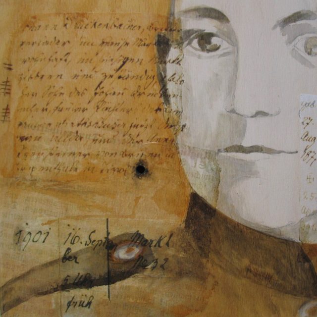 JOHANN, 30 x 30, Collage und Tusche auf Holz, 2019